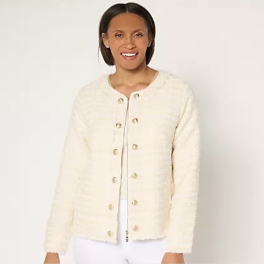 Belle by Kim Gravel Stay Bold Gold Boucle Jacket Pockets Zip Front Cream Medium